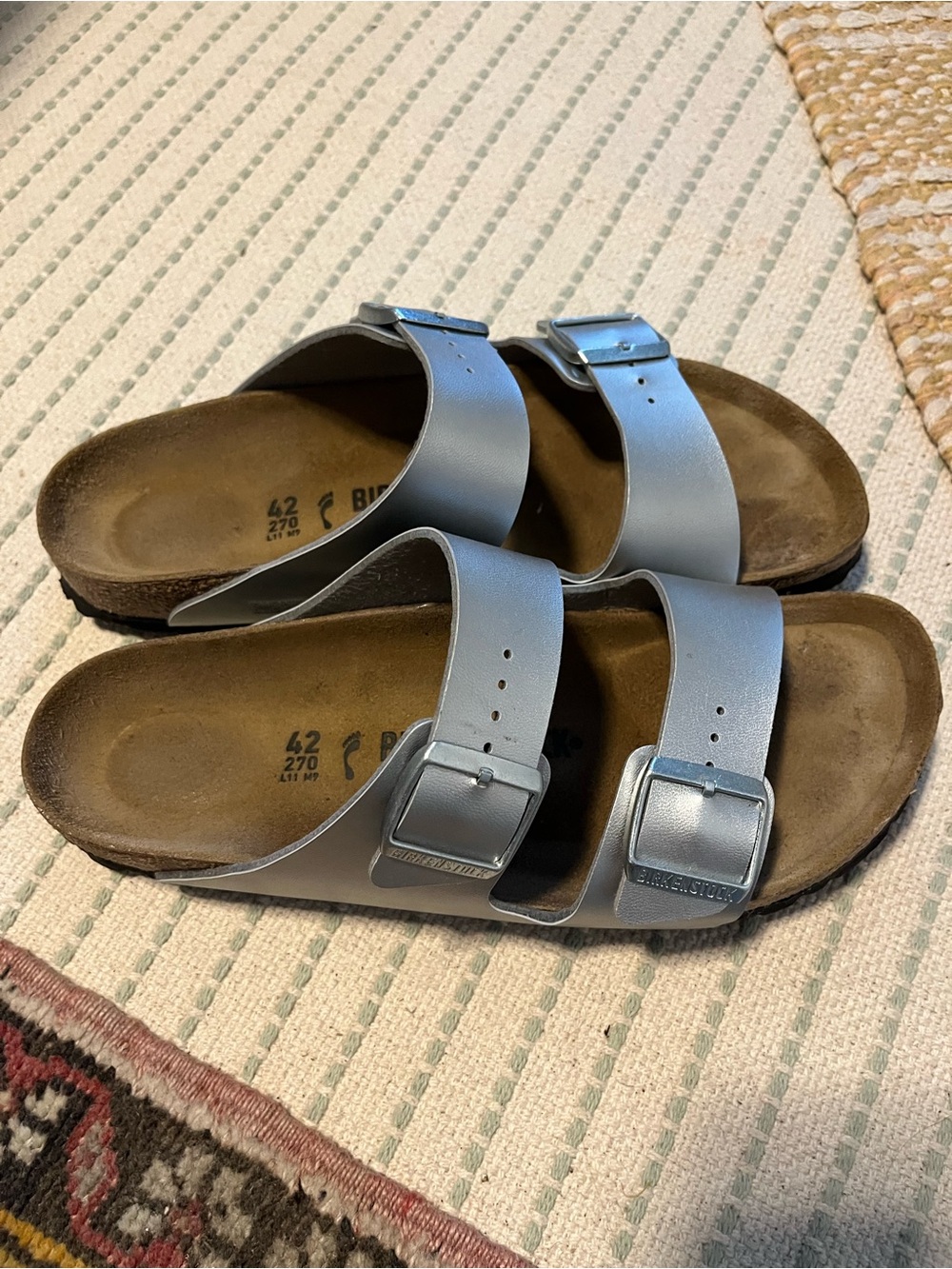 Birkenstock Arizona Two-Strap Sandals in Metallic Silver